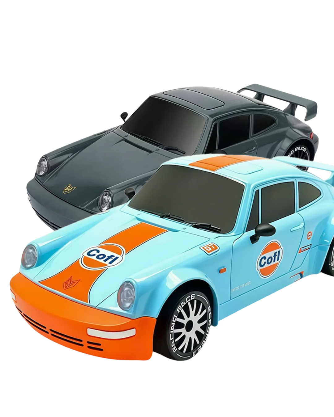 Voiture télécommandée rétro chromée avec pneus drift et accessoires de circuit