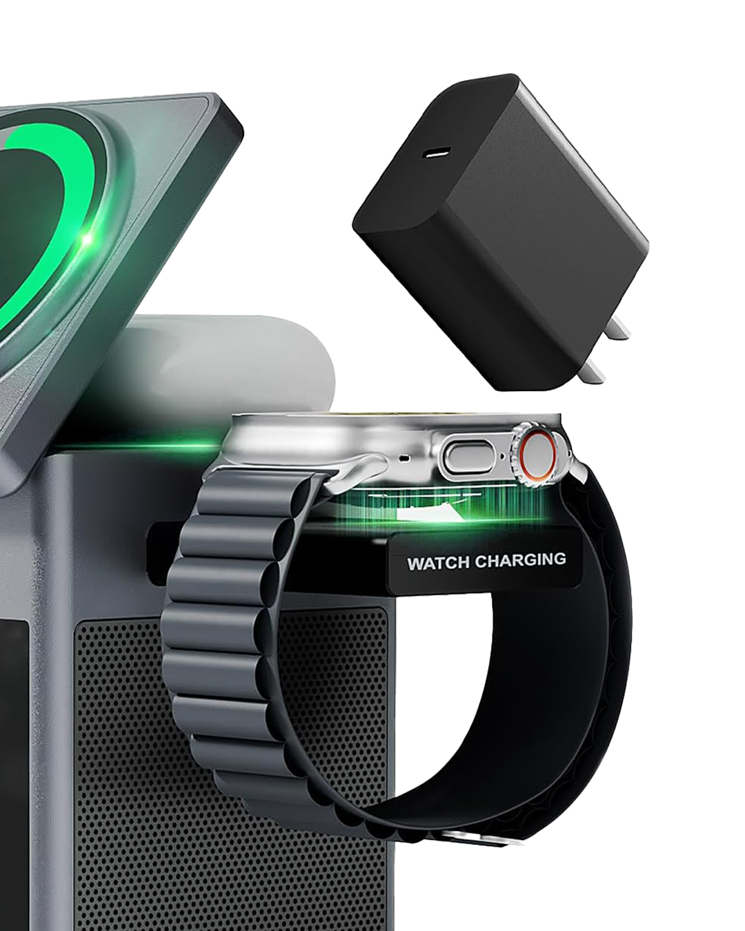 Station de charge 3-en-1 noire avec horloge LED, affichage pixel et enceinte Bluetooth intégrée