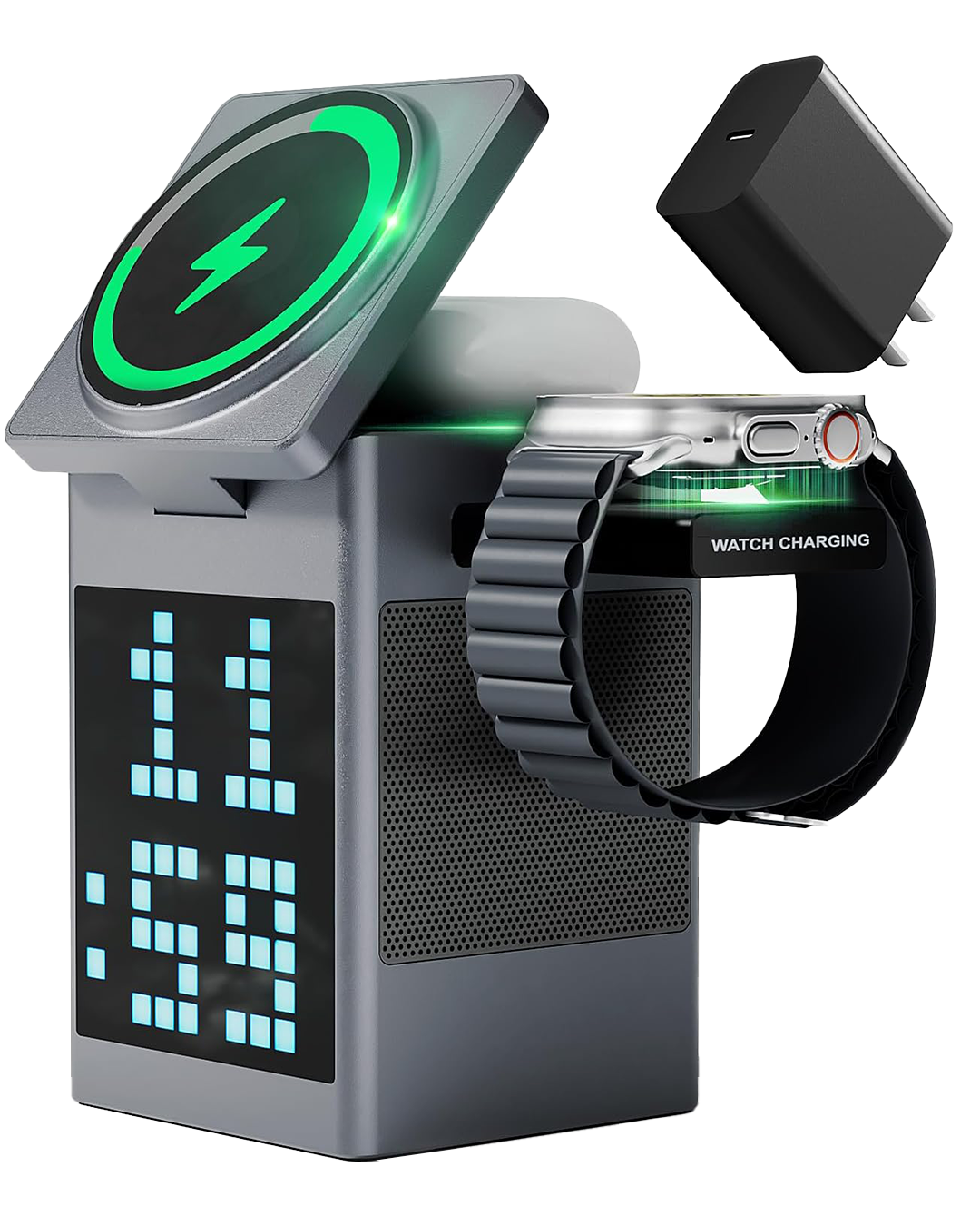 Station de charge 3-en-1 noire avec horloge LED, affichage pixel et enceinte Bluetooth intégrée