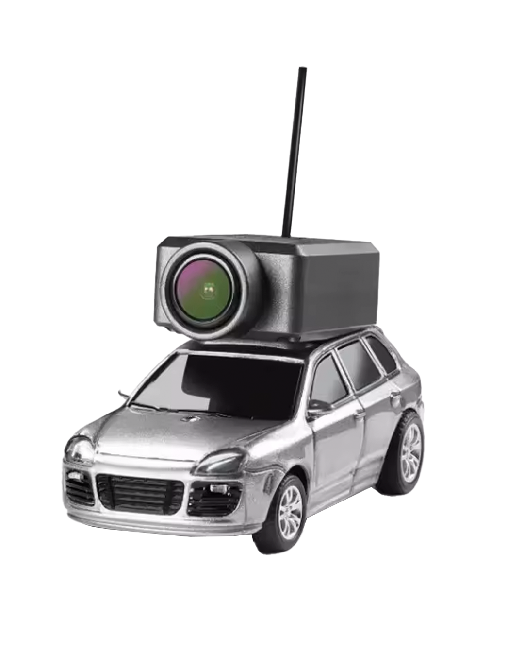 Voiture télécommandée grise avec caméra Wi-Fi HD intégrée sur le toit, pilotable via appli ou télécommande